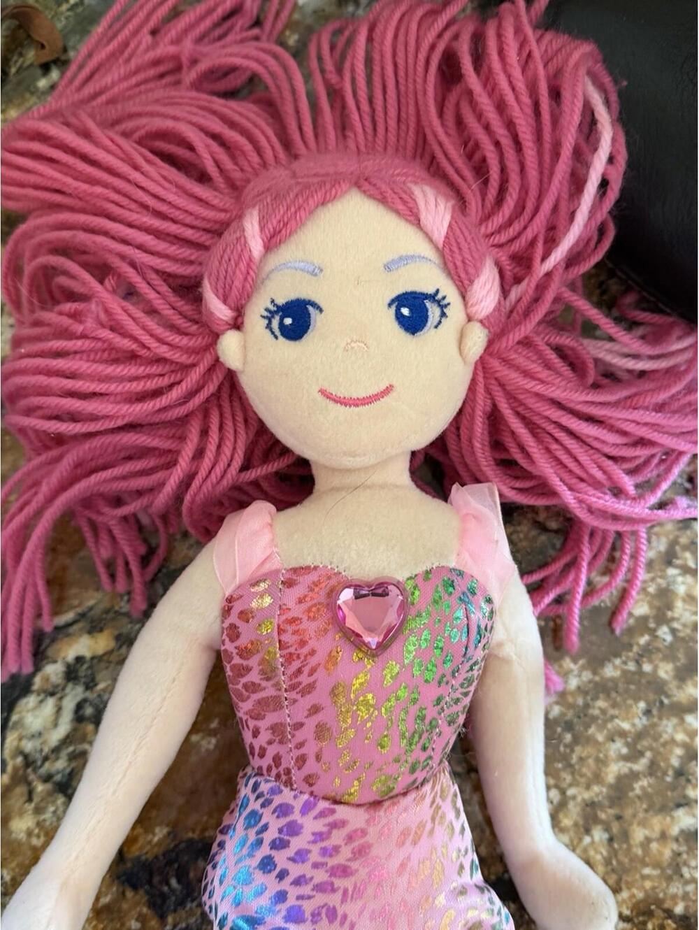 Aurora Pink Mermaid Plush Doll – Sparkly Tail, Yarn Hair 18”